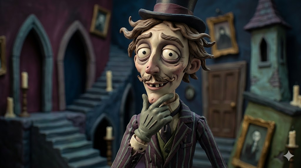 um personagem gótico em estilo stop-motion expressa uma dúvida intrigante enquanto repousa a mão no queixo em um cenário de mansão vitoriana.