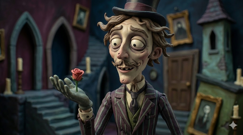 O mesmo personagem segura delicadamente uma pequena rosa vermelha, criando um contraste poético entre a vivacidade da flor e o seu mundo melancólico.